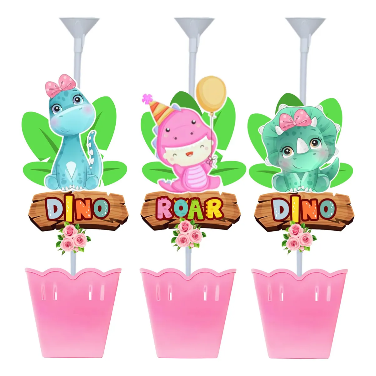 Kit 5 Centro De Mesa Dinos Baby Cute Dinossauro Rosa